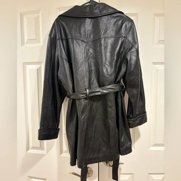 Long Leather Coat with Belt Size XL EUC Black - Picture 2 of 6